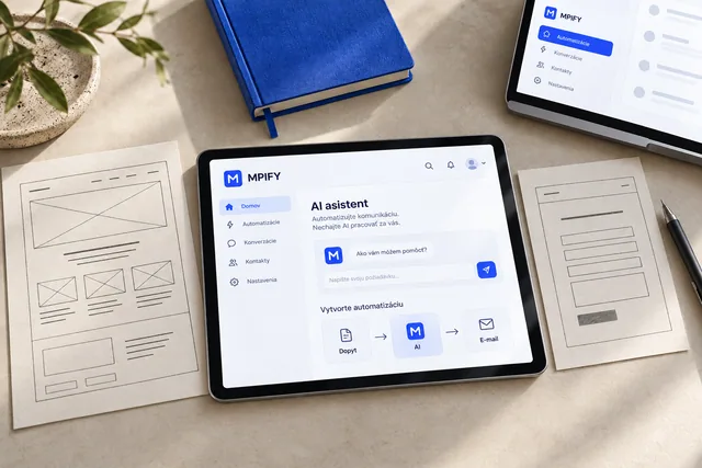 Ilustračný návrh AI asistenta MPIFY na tablete vedľa papierových návrhov webu.