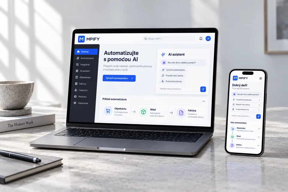 Ilustračný návrh platformy MPIFY s AI asistentom a automatizáciou objednávok v notebooku a telefóne.