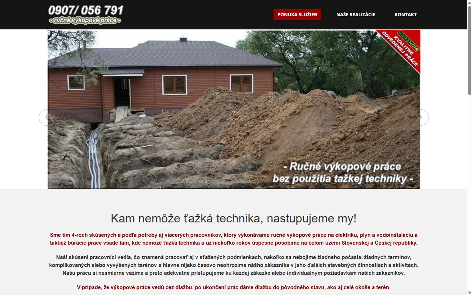 Pôvodný web ručných výkopových prác z roku 2018 pred redizajnom
